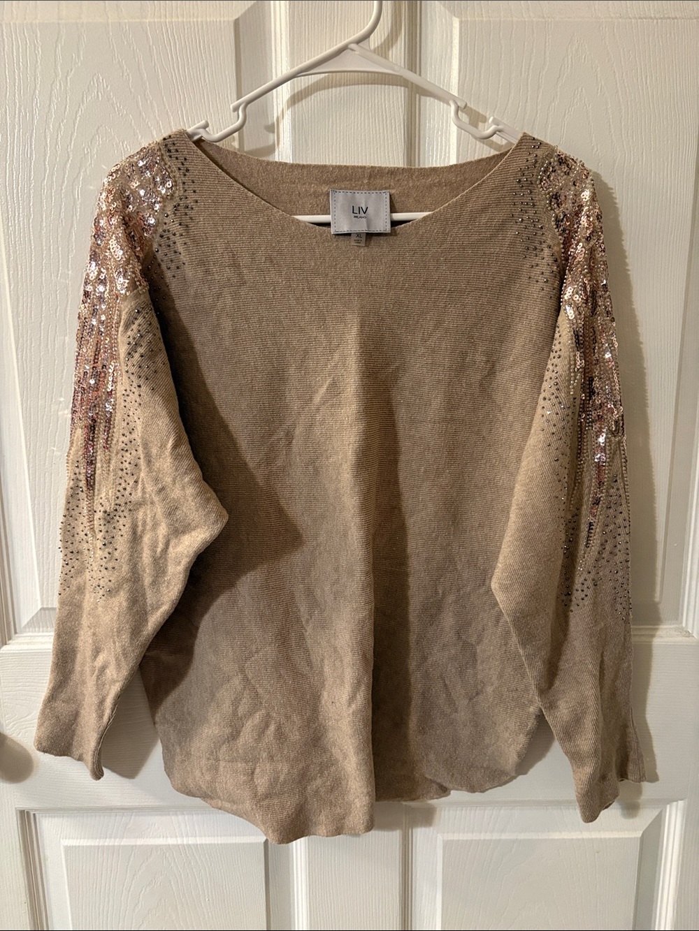 Liv Milano Sequin-Embellished Tan Women's Sweater Top